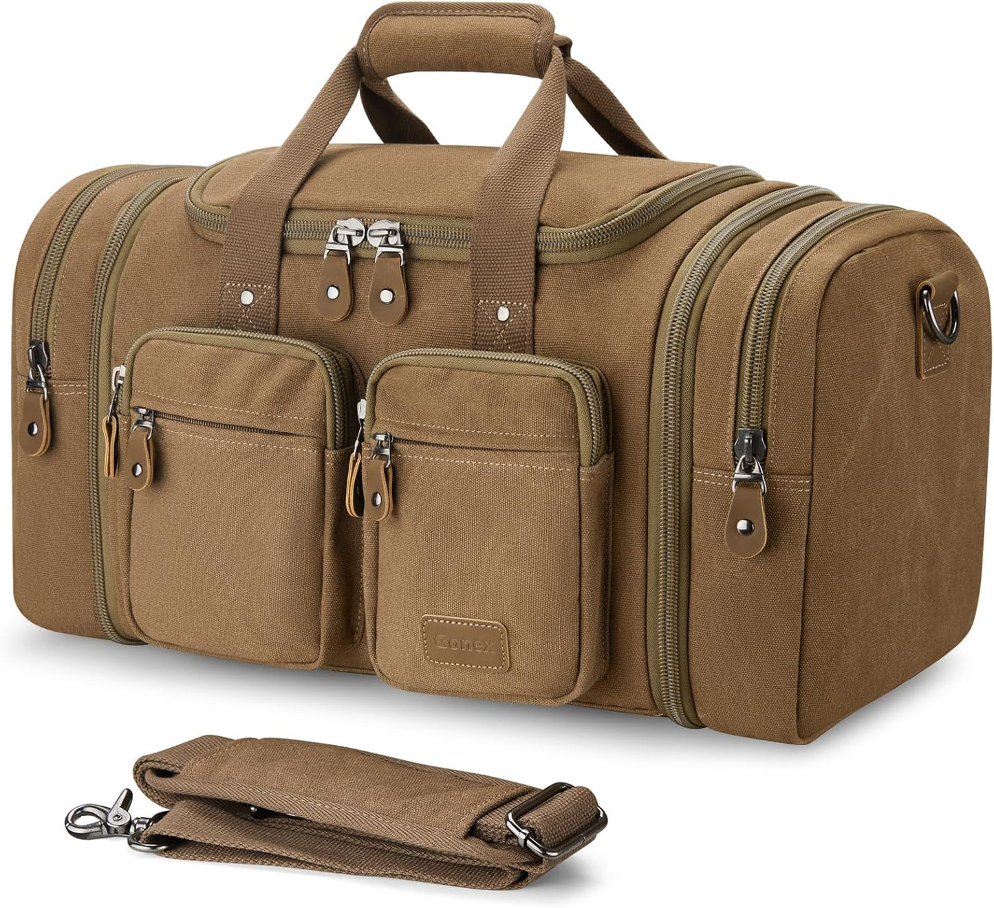 Gonex Canvas Duffle Bag for Travel, Expandable Water Resistant 50L Carry on Duffel Overnight Weekender Gym Bag with Wet Dry Separation Pocket & Suitcase Handle Sleeve,Coffee