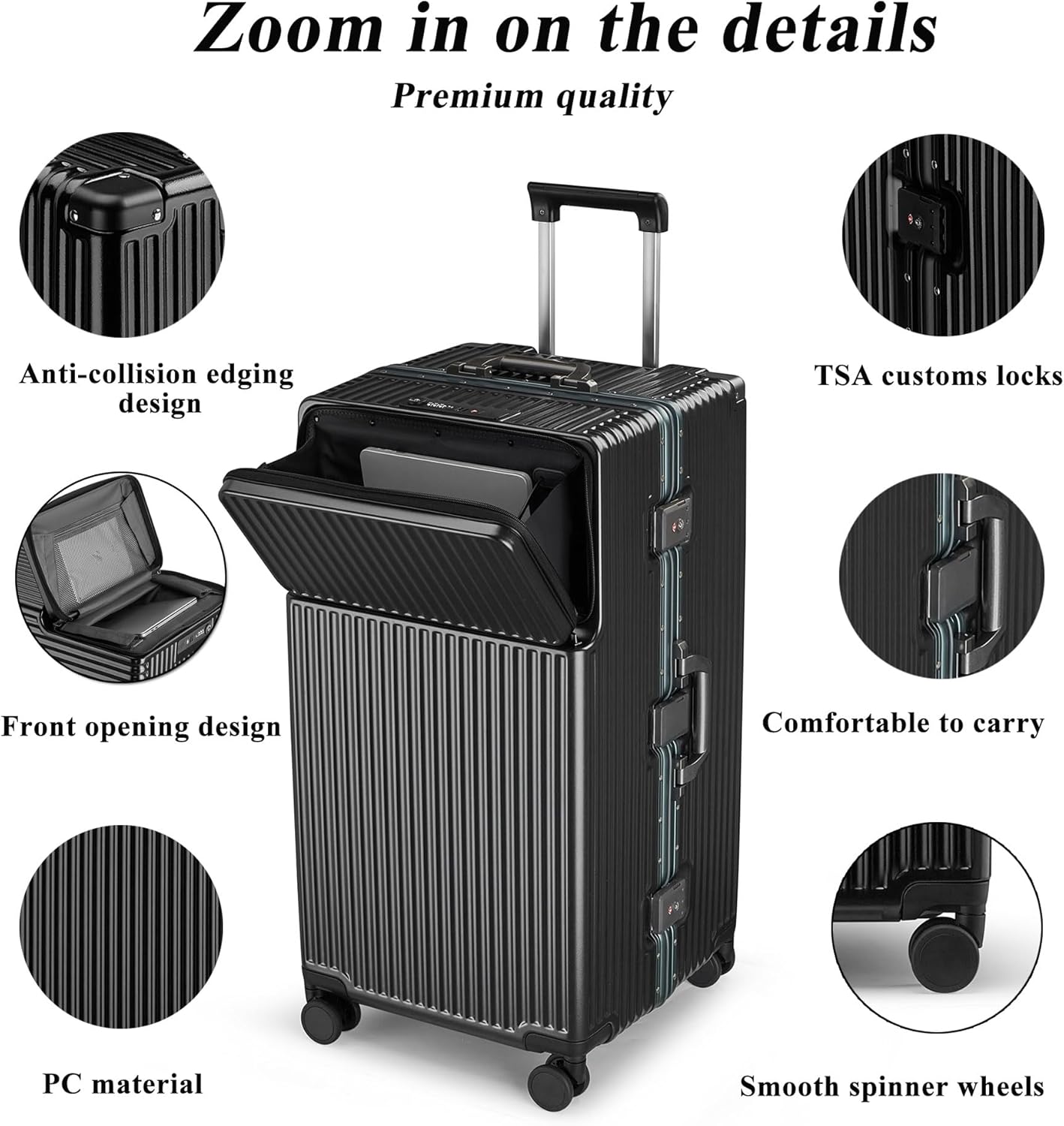 feilario 30in Super Large Captain Aluminum Frame Hardside Spinner Wheels Luggage, Zipperless Checked Suitcase with Front Compartment/Cup Holder/Phone Holder