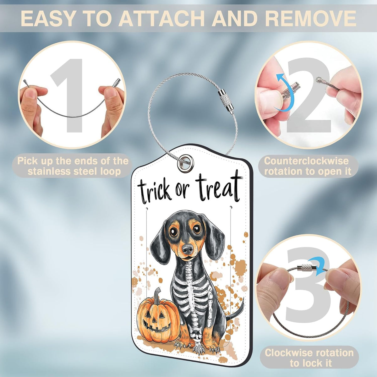 Halloween Funny Dachshund Dog and Pumpkin Set of 2 Luggage Tags for Suitcases Leather Suitcase Tags with Privacy Name Address Label and Stainless Steel Loop for Women Men Travel Luggage Accessories