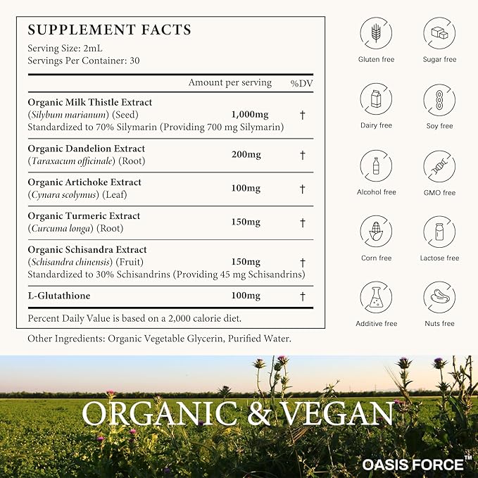 Oasisforce Organic Milk Thistle Extract Liquid for Liver Cleanse Detox & Repair, Silymarin Milk Thistle Drops Supplement with Dandelion & Artichoke for Liver Support, Vegan, Alcohol-Free, 2 FL OZ