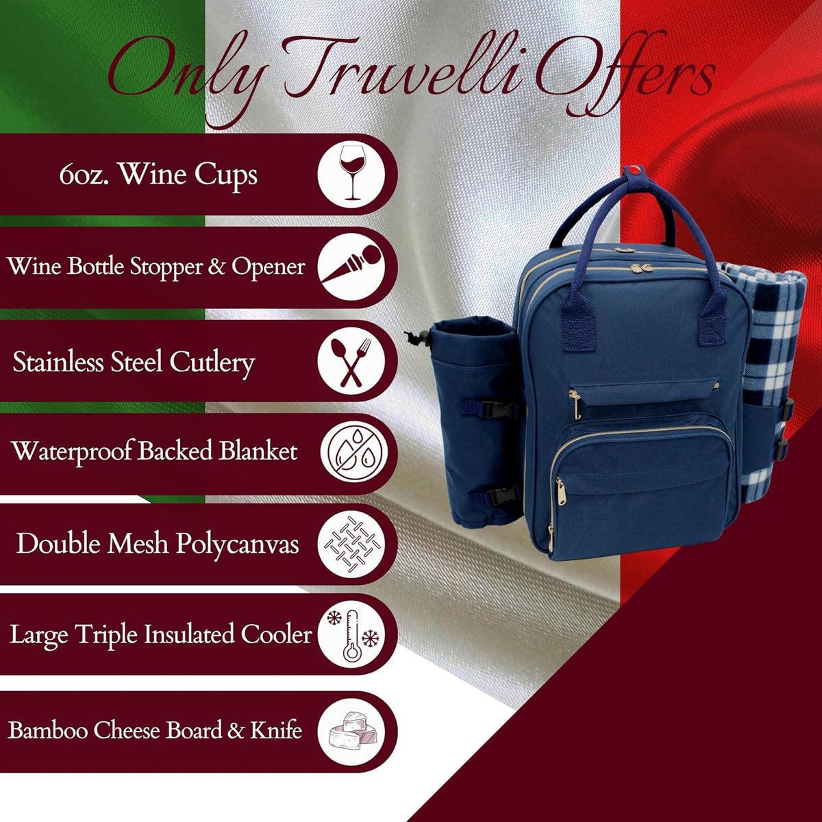 Truvelli Picnic Backpack for 4 with Blanket – 12-in-1 Insulated Picnic Basket Backpack Set with‬ Wine Holder, Cheese Board & Cutlery – Premium Picnic Back Pack for Family & Group‬ Adventures, Blue