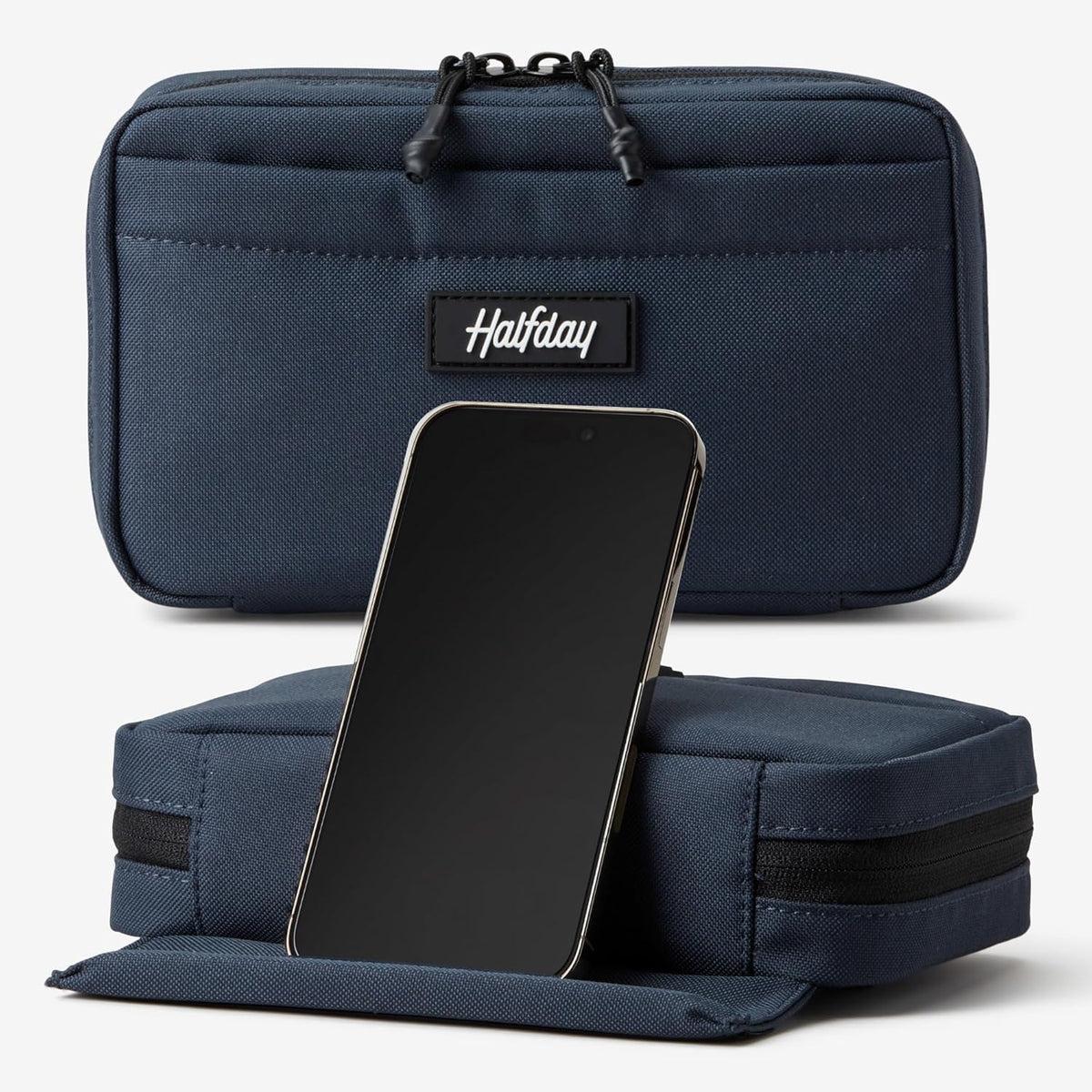 Halfday Sidekick Tech Organizer Kit | Flip-Out Kickstand for Phone/Tablet, Zip-Flat Pouch with Power Mesh & Elastic for Cable & Charger (Splash-Resistant Travel Electronics Accessories Case), Marine