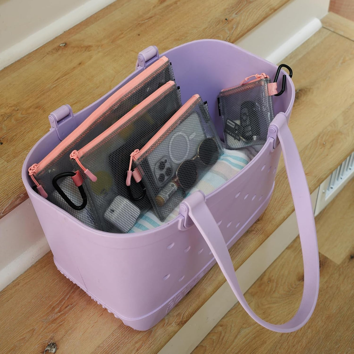 GOBAGS Air Production Multi‑Size Clear Zipper Pouch (4‑Pack) – Cable Organizer & Travel Gear Bag for Electronics, Camera Accessories, Tool Pouch & Small Tech Storage (Pink)