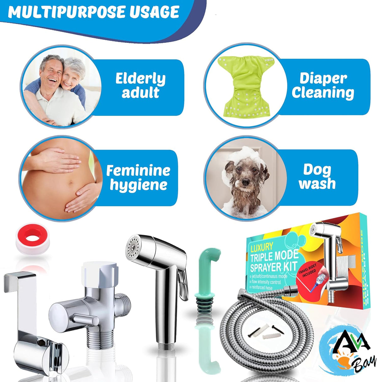 Handheld Bidet Sprayer for Toilet - Triple Mode Spray: Cloth Diaper Washer, Jet Spray & Gentle Stream | Premium Adjustable Hose Sprayer Attachment for Muslim Shower Shattaf | Portable Bidet Included