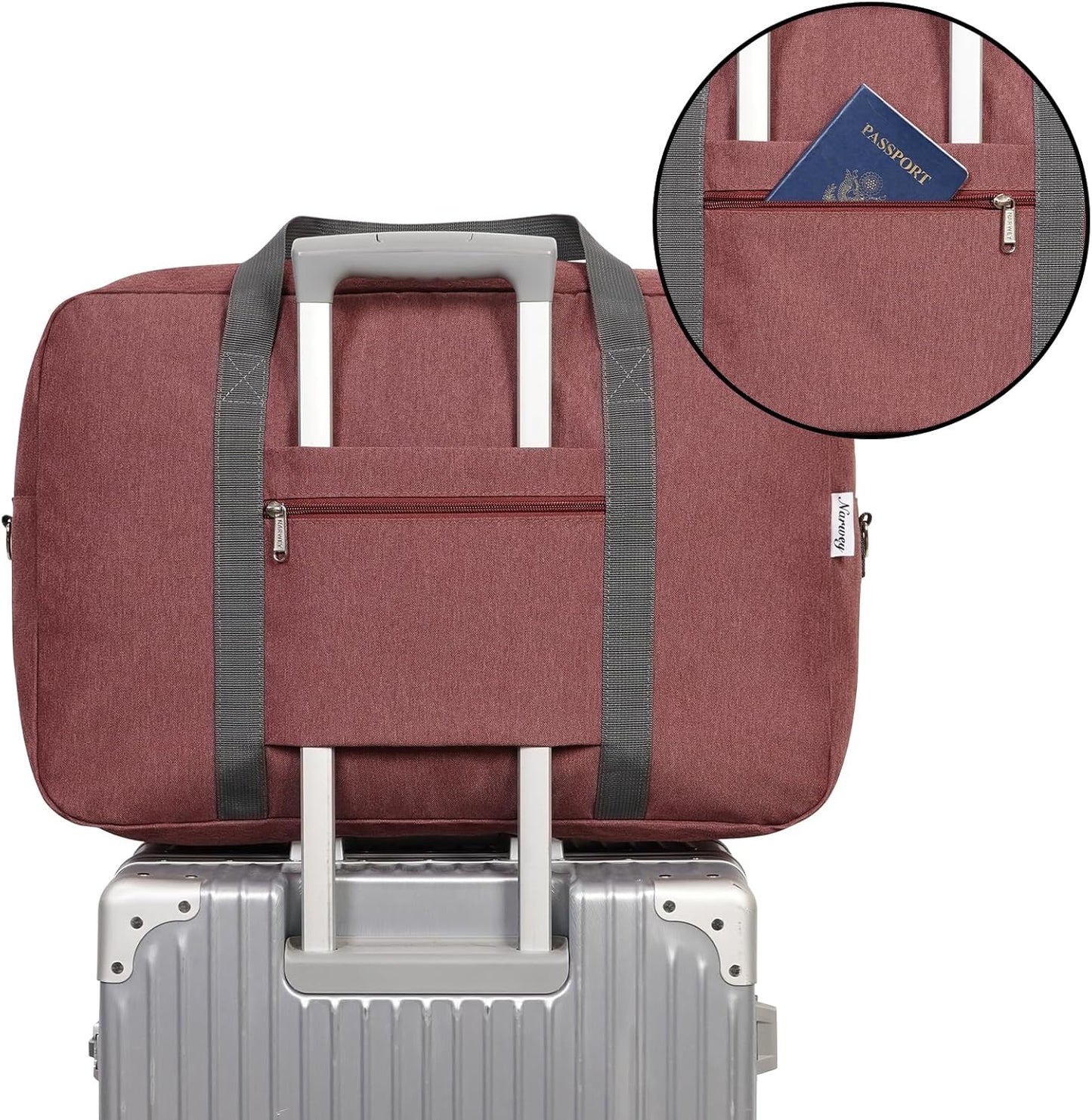 For United Airlines Foldable Carry on Bag 22x14x9 Travel Duffel Bag Packable luggage Duffle for Women and Men 40L (Jujube Red)