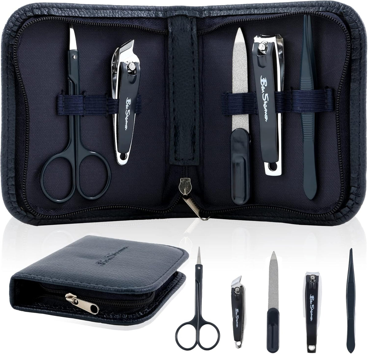 Ben Sherman Nail Clippers for Men Travel Size Nail Clipper Set, 5 Pcs Mens Nail Grooming Kit includes Nail Clippers, Scissors, Tweezers and Leather Traveling Case