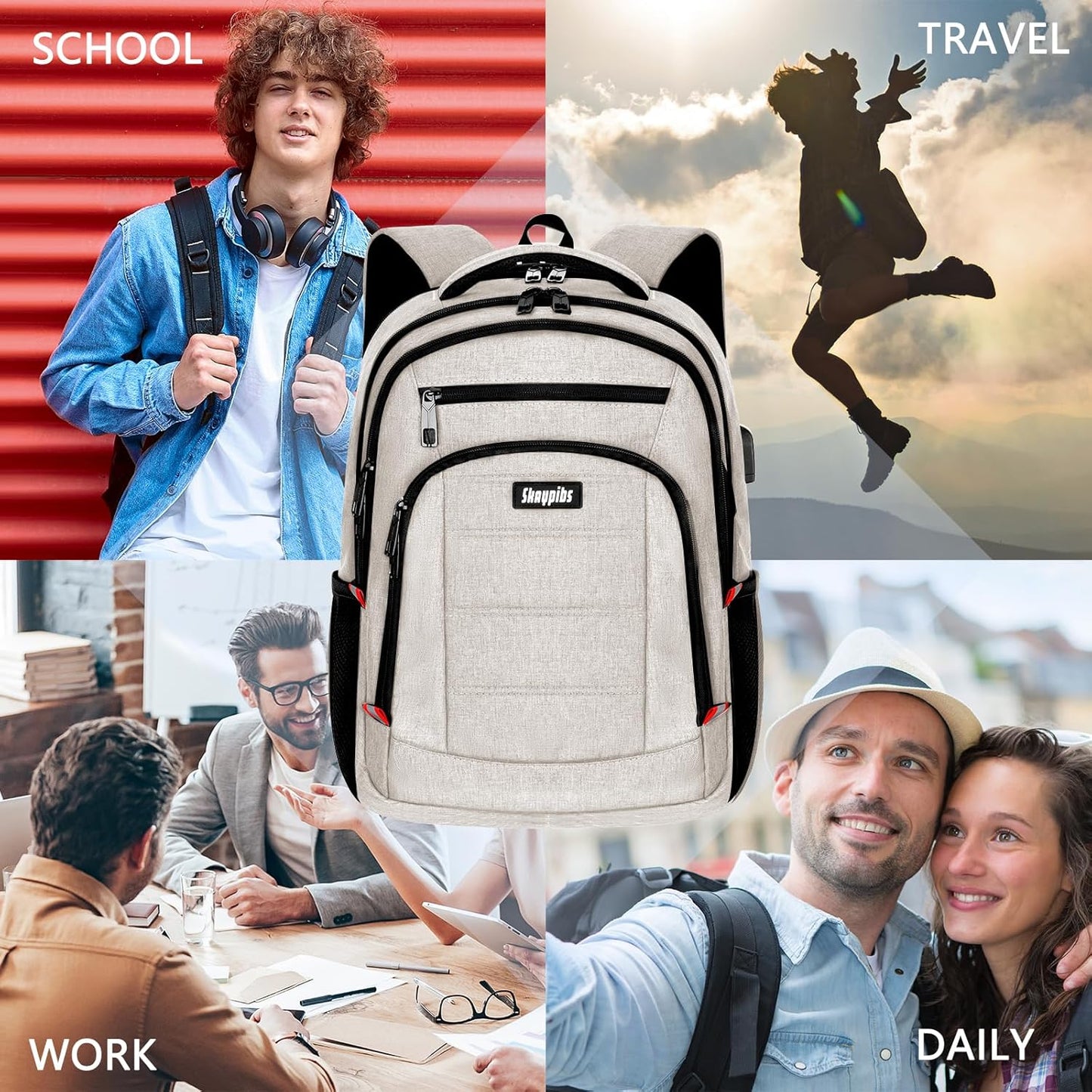 Travel Laptop Backpack for Women, School Backpack with USB Charging Port,Water Resistant Backpack for Girls, Business Work College bookbag,book bag Fits 15.6 Inch,Beige Back Pack