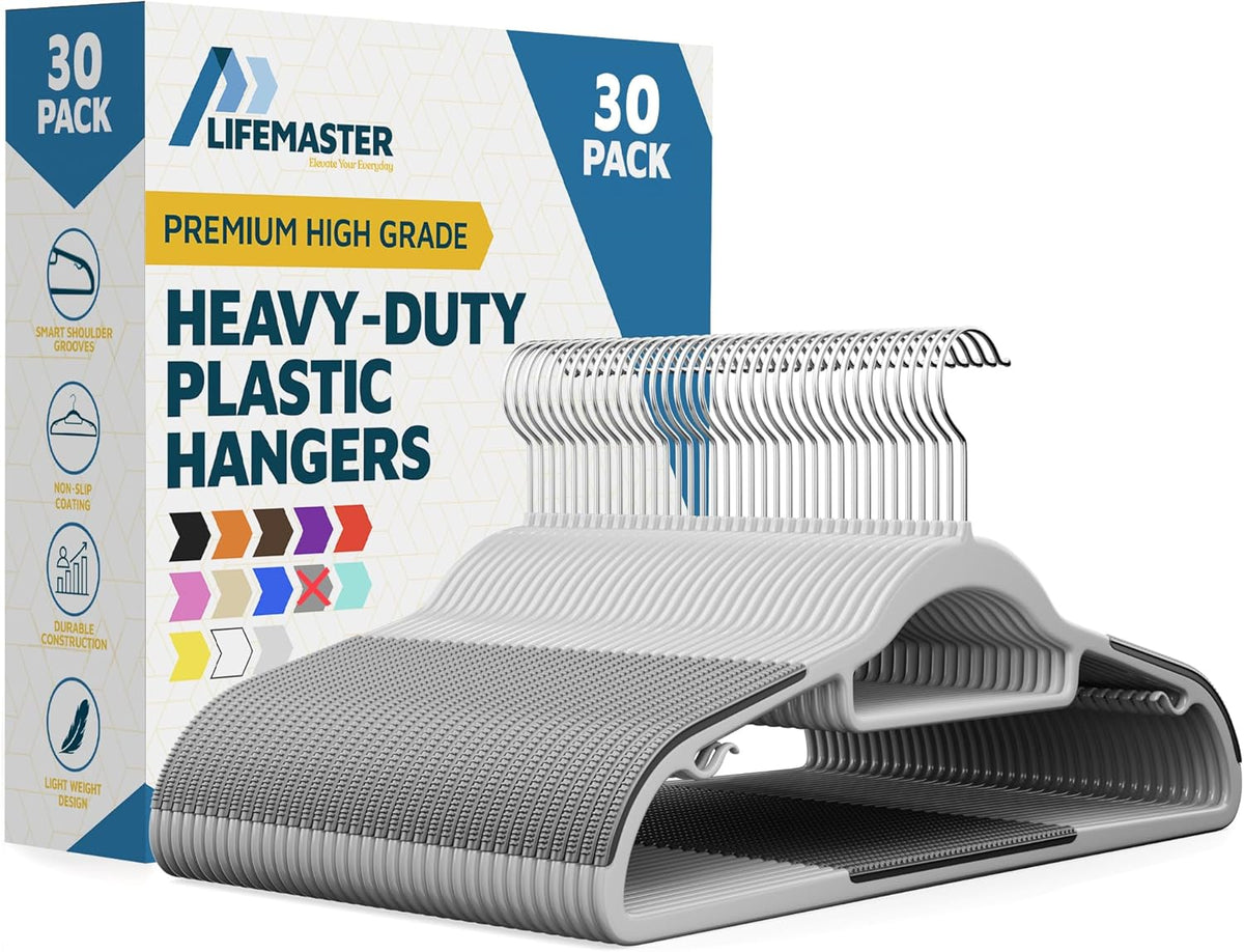 Lifemaster Plastic Clothes Hanger Set - 30 Pieces Versatile, Lightweight, Space-Saving, Non-Slip, Slim Designed, Dry and Wet Clothes Hanger Set with 360° Swivel Hook and Rubber Coating - Gray