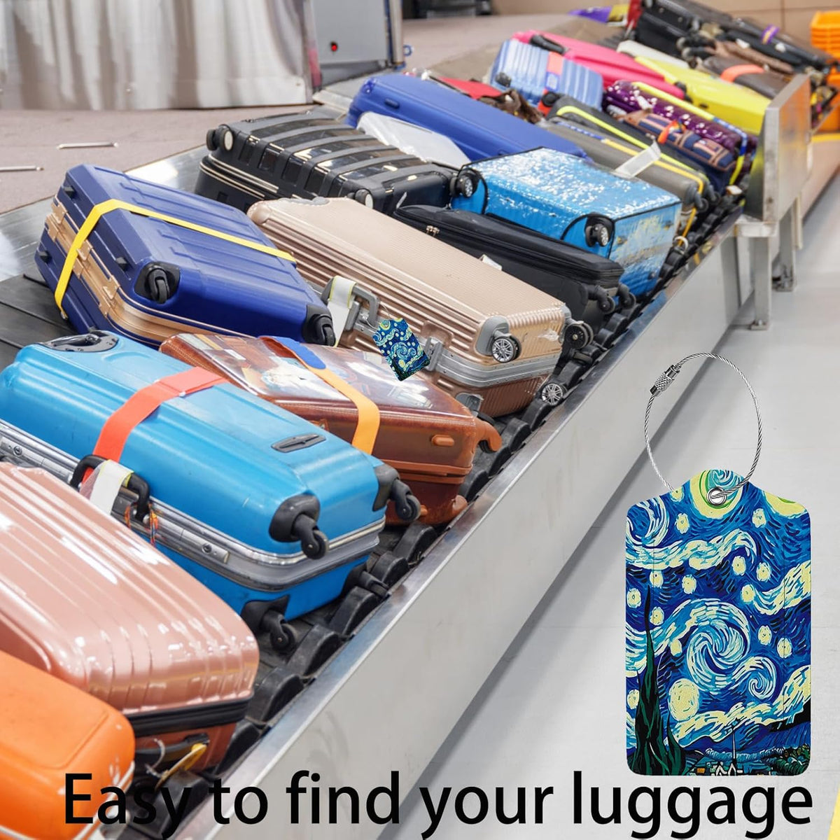 The Starry Night 2 Pack Luggage Tag for Suitcase, Cute Unique Leather Bag Tags Identifiers Privacy Cover ID Label with Steel Loop for Women Men Kids Girls Travel