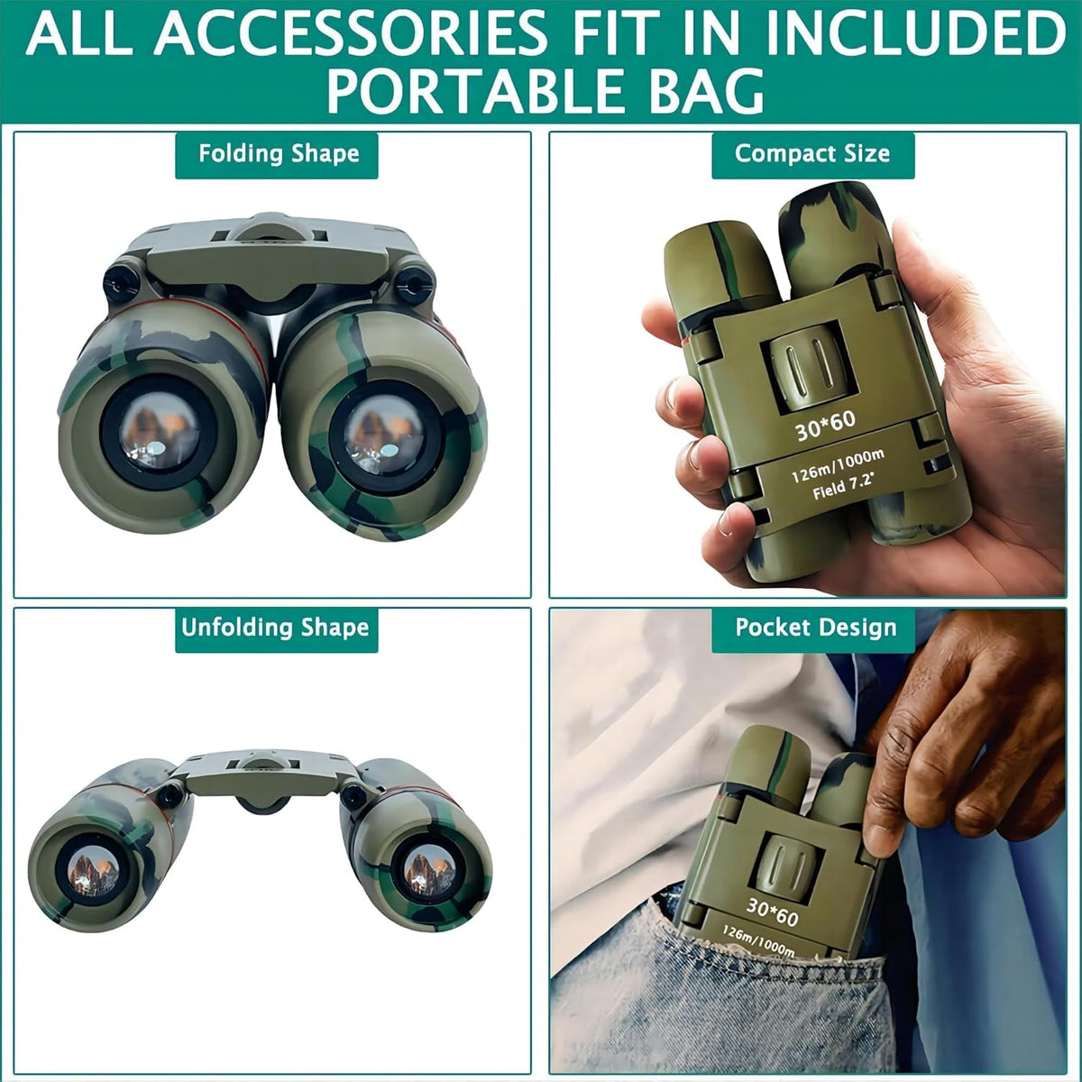 Compact 30x60 Binoculars for Adults and Kids,Foldable Lightweight Easy Focus Small Binoculars for Bird Watching Travel Sightseeing Hunting Concert Theater Opera