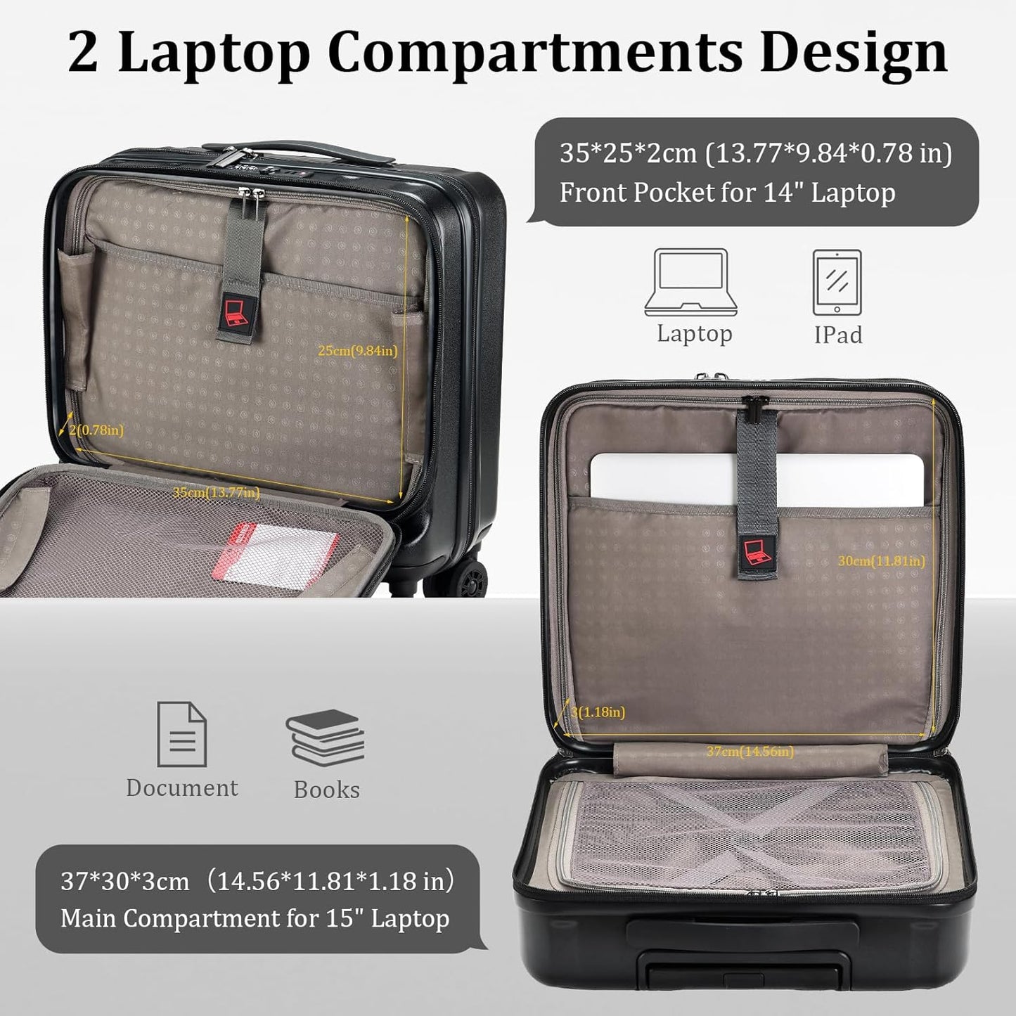 16 Inch Carry On Luggage with 2 Compartments for 14” & 15” Laptop, 16.14*8*17.12” Rolling Briefcase, Lightweight Hardshell ABS+PC Suitcase with Spinner Silent Wheels, for Business Trip, Black