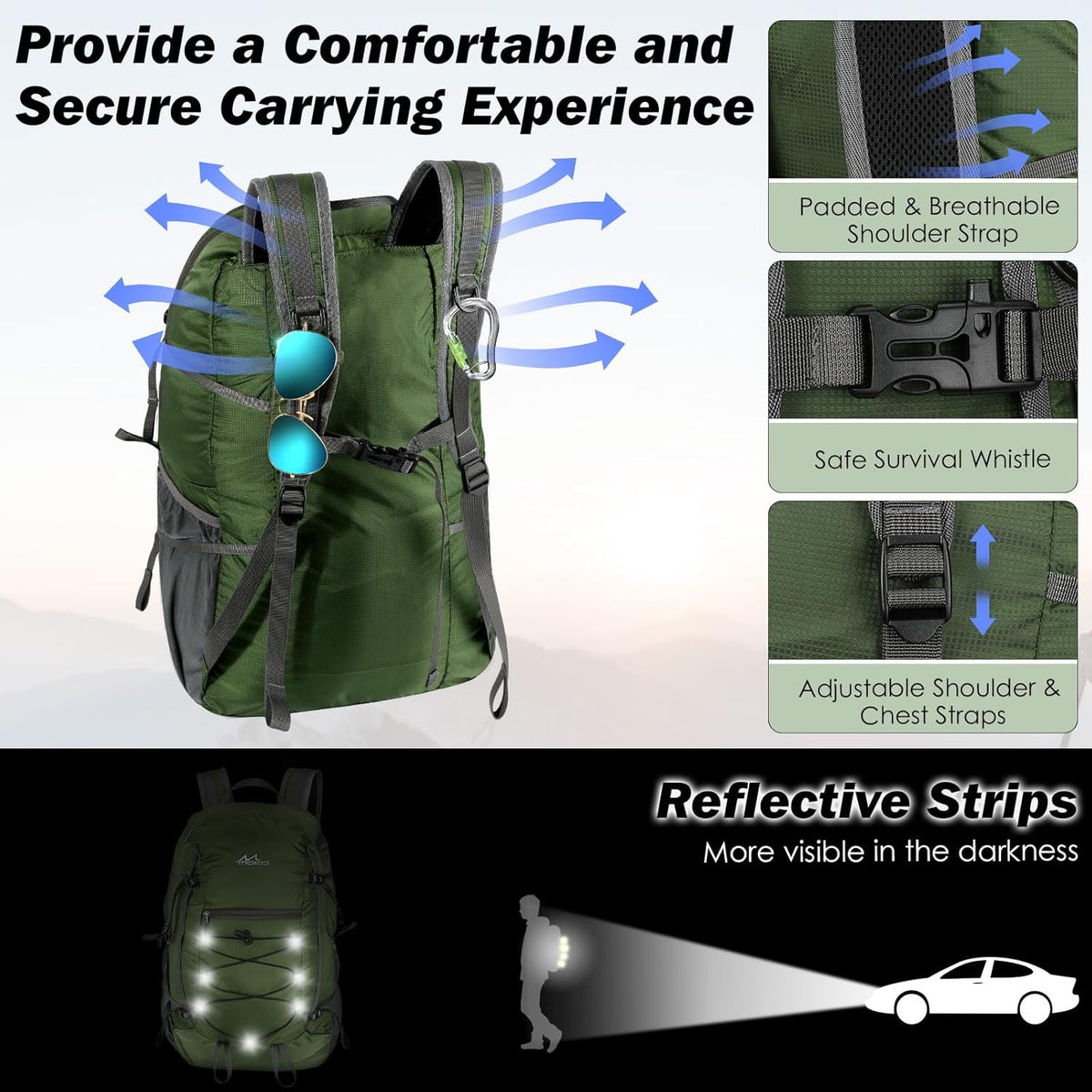 MoKo Hiking Backpack, 40L Large Capacity Camping Backpack with Multiple Pockets, Tear-Resistant Travel Daypack for Men Women, Packable and Lightweight Hiking Daypack for Travel Camping Outdoor, Olive