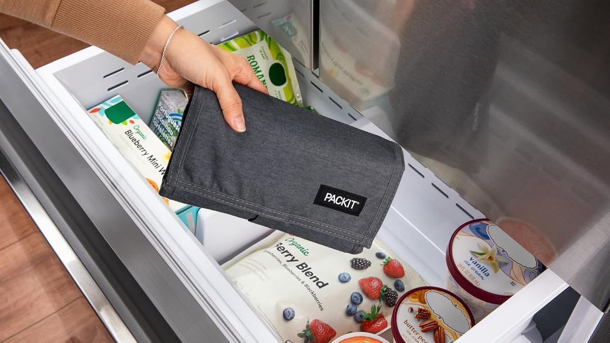 Packit® Freezable Lunch Bag, City Charcoal, Built with ECOFREEZE® Technology, Foldable, Reusable, Zip and Velcro Closure with Buckle Handle, Designed for Work Lunches and Fresh Lunch On the Go