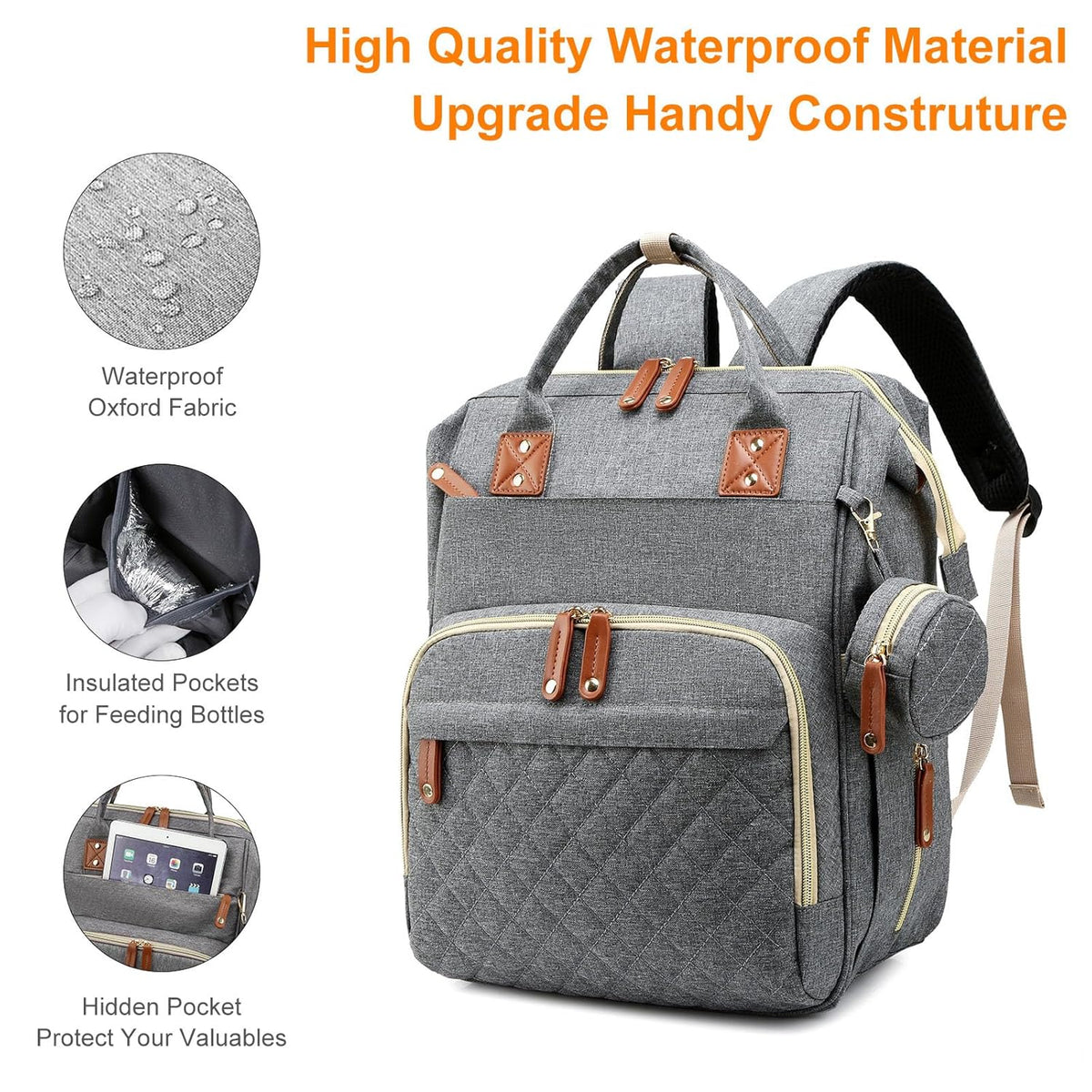 Diaper Bag, Backpack with Changing Station, Waterproof Baby Bag for Boys & Girls, USB Charging Port for Parents, Travel Backpack Baby Essentials & Lovely Baby Shower Gifts, Grey