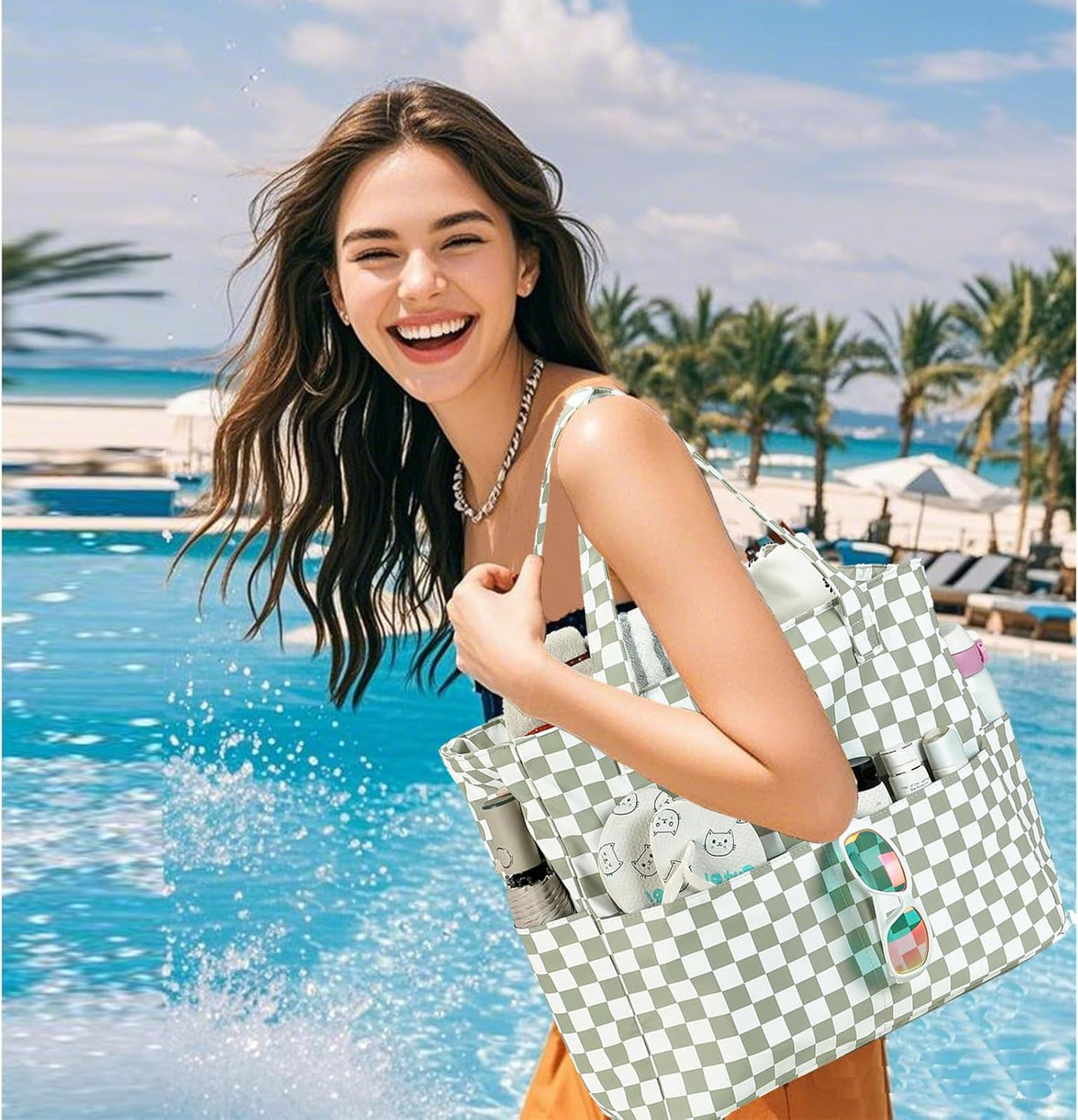 LEDAOU Large Beach Tote Bag Women Waterproof Sandproof Zipper Beach Tote Bag for Pool Gym Grocery Travel with Wet Pocket