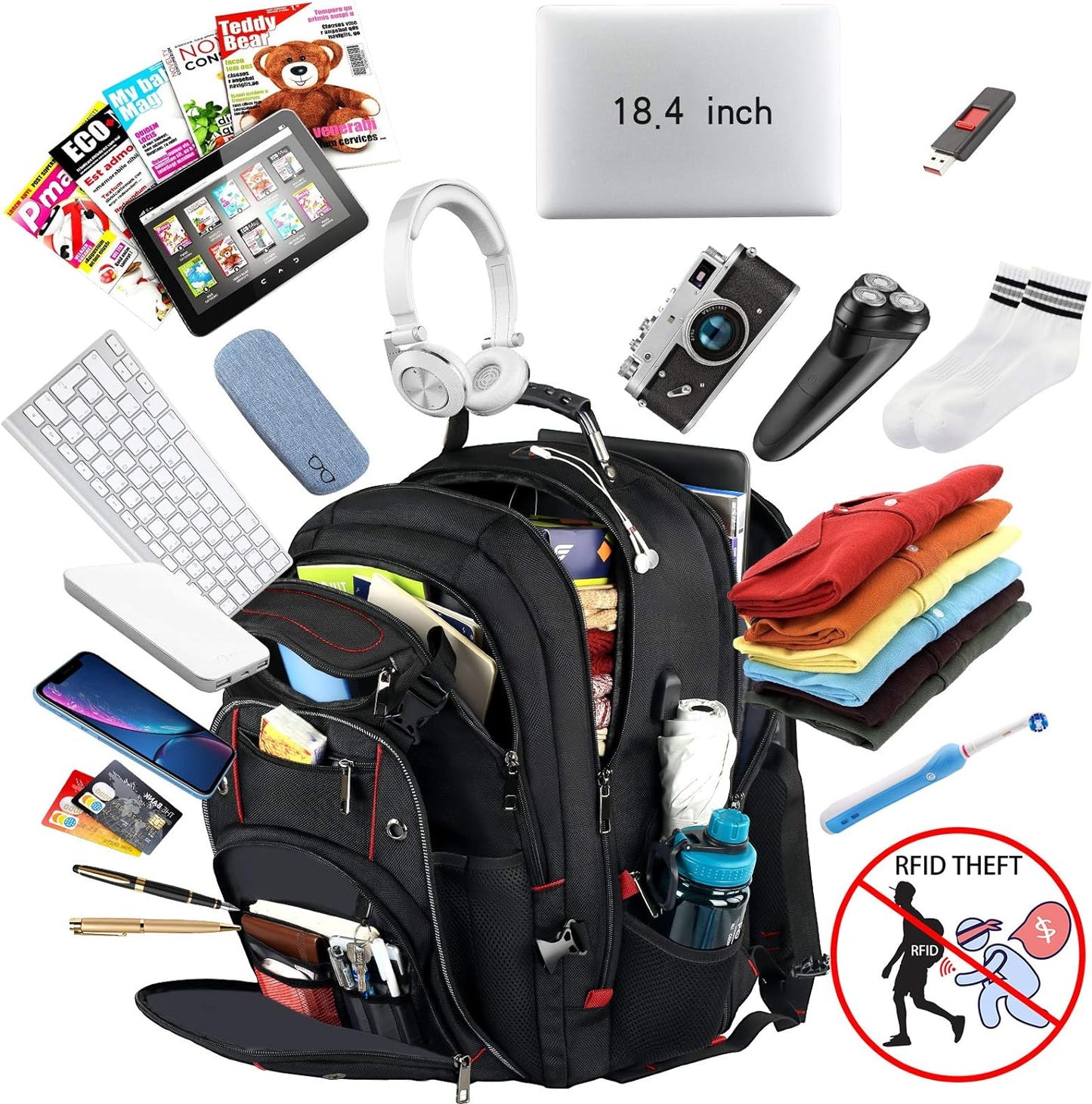 VECKUSON Large 18.4 Inch Laptop Backpack with USB Charger Port, TSA Friendly Flight Approved and RFID Anti-Theft Pocket, Red