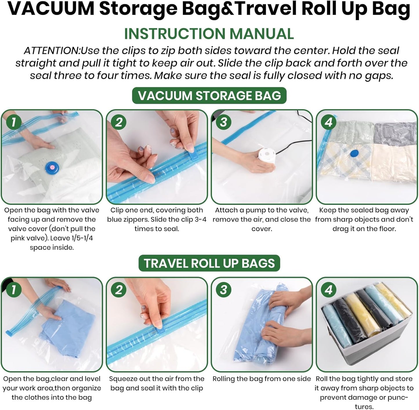 Vacuum Storage Bags,20Pack Vacuum Seal Bags for Clothing,Travel,Clothes,Comforters,Blankets,Pillows-4 Jumbo+4 Large+4 Medium+4 Small+4 Roll Up Space Saving Bag Hand Pump Inclued