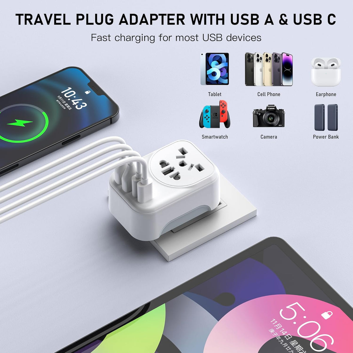 World to US Canada Travel Plug Adapter,Europe/China/Japan/Australia/UK to USA Power Adapter with 2 USB A and 2 USB C Ports, Wall Outlet Power Charger Universal Travel Adapter(1 Pack)