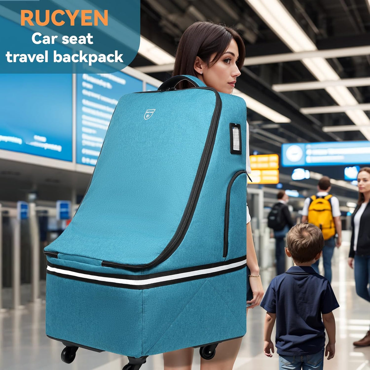 Rolling Car Seat Travel Bag, Padded Carseat Travel Backpack for Airplane,Large Durable Carseat Travel Bag with 4 Wheels,Adjustable Shoulder Strap and Waterproof Base Blue