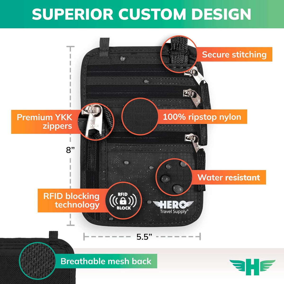 HERO Neck Wallet, RFID Blocking Passport Holder - Easy to Conceal and Pouch