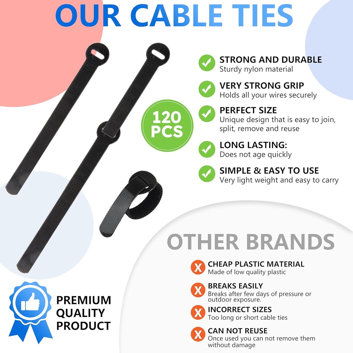 120 PCS 5/6/8 Inch Cord Wraps for Charging Cords – Data Cable Organizer Ties – Reusable Cable Ties – Electrical Wire Straps, Black