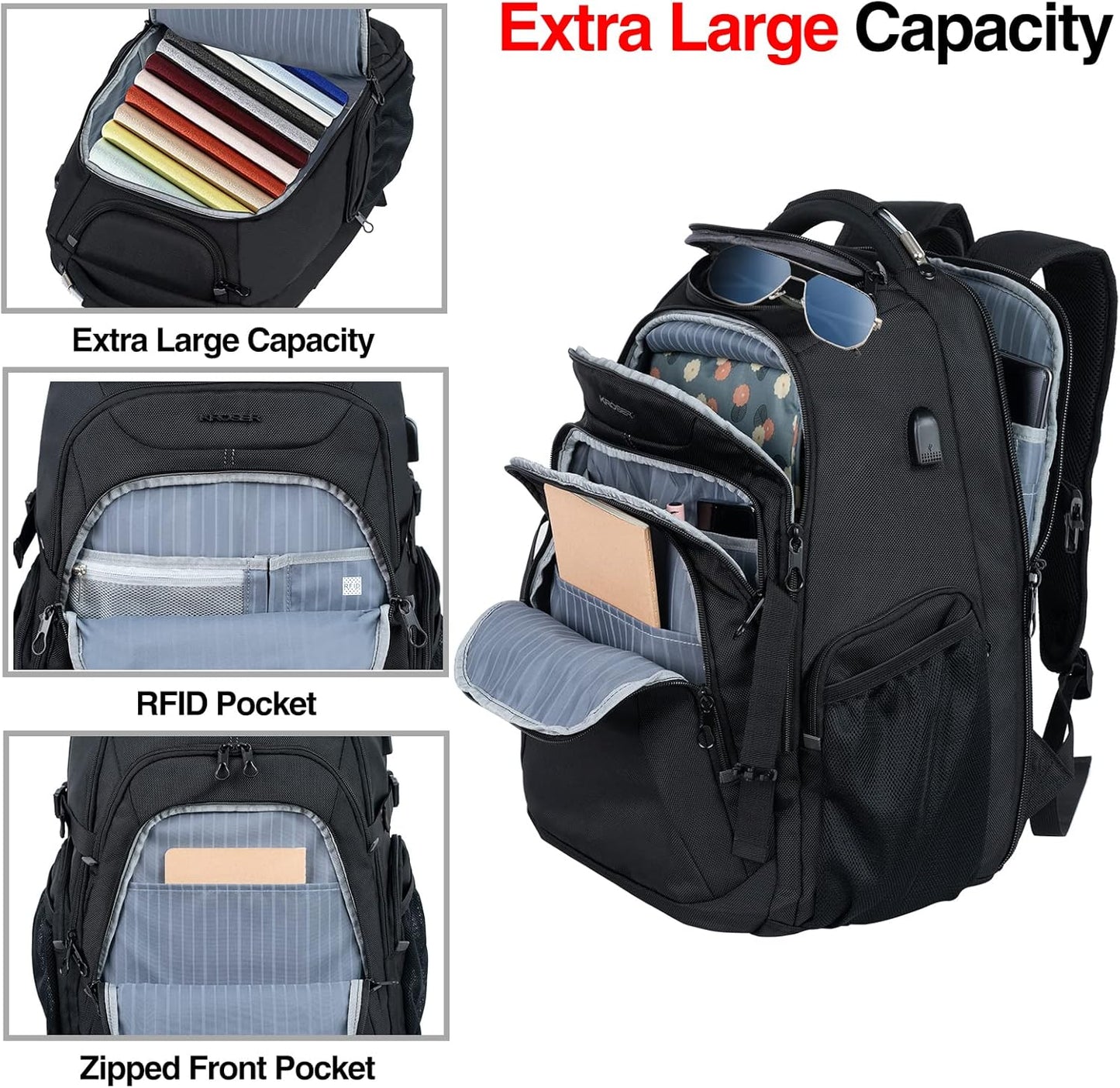 KROSER Travel Laptop Backpack 18.4 Inch XXXL Gaming Backpack with Hard Shell Saferoom RFID Pockets Water-Repellent Business College Daypack Stylish Laptop Bag for Men/Women-Black