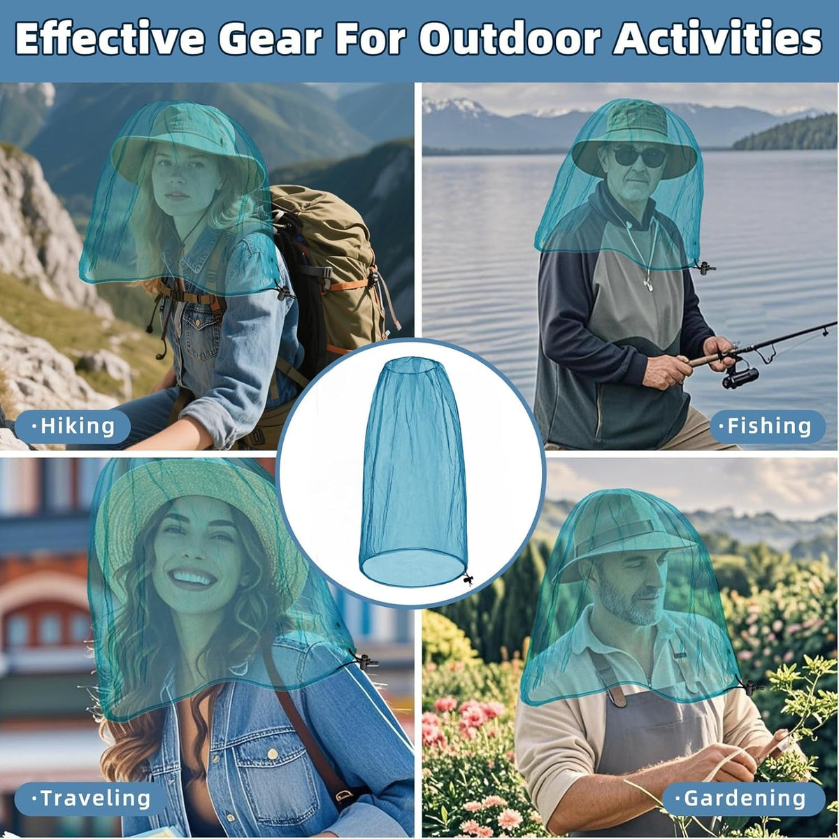 Oversized Mosquito Net 42 x 25 Inches Ultra Large Mosquito Head Net Face Neck Fly Mesh Netting Fits All Hats for Outdoor Camping Hiking Fishing Gardening Safari(Blue)