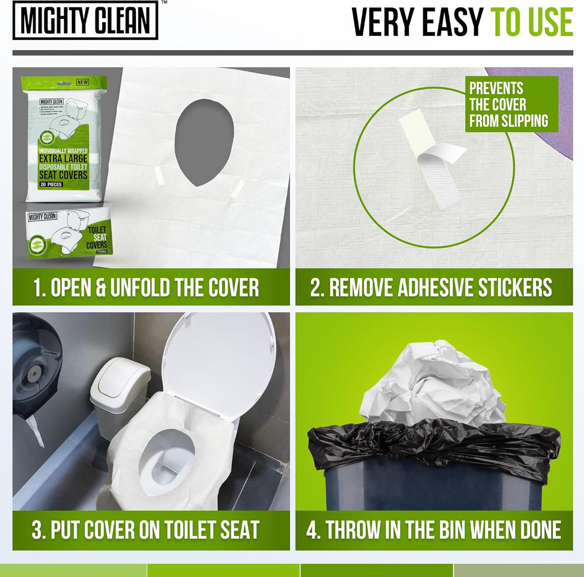 XL Disposable Toilet Seat Covers by Mighty Clean｜100% Waterproof ｜Individually Wrapped, Extra Wide Covers for Adults and Kids｜40 Count