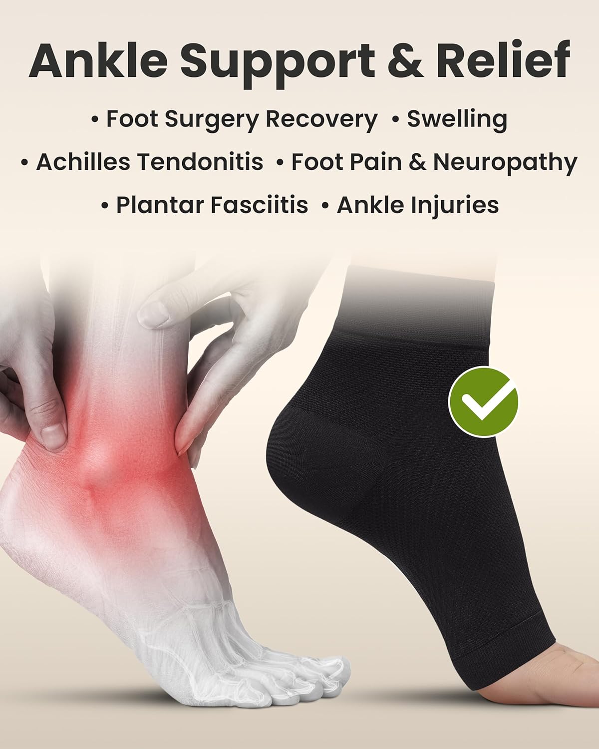 KEMFORD Ankle Compression Sleeve - Plantar Fasciitis Braces - Open Toe Compression Socks for Swelling, Sprain, Neuropathy, Foot Arch Support for Men and Women - 20-30mmhg, L, Black
