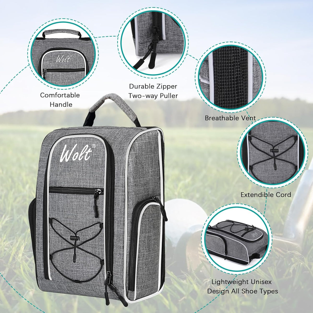 Wolt Golf Shoe Bag - Sports & Travel Shoes Carrier Bags with Ventilation & Double Outside Accessory Pocket for Socks, Tees, Golf Balls, etc. for women and men (Grey)