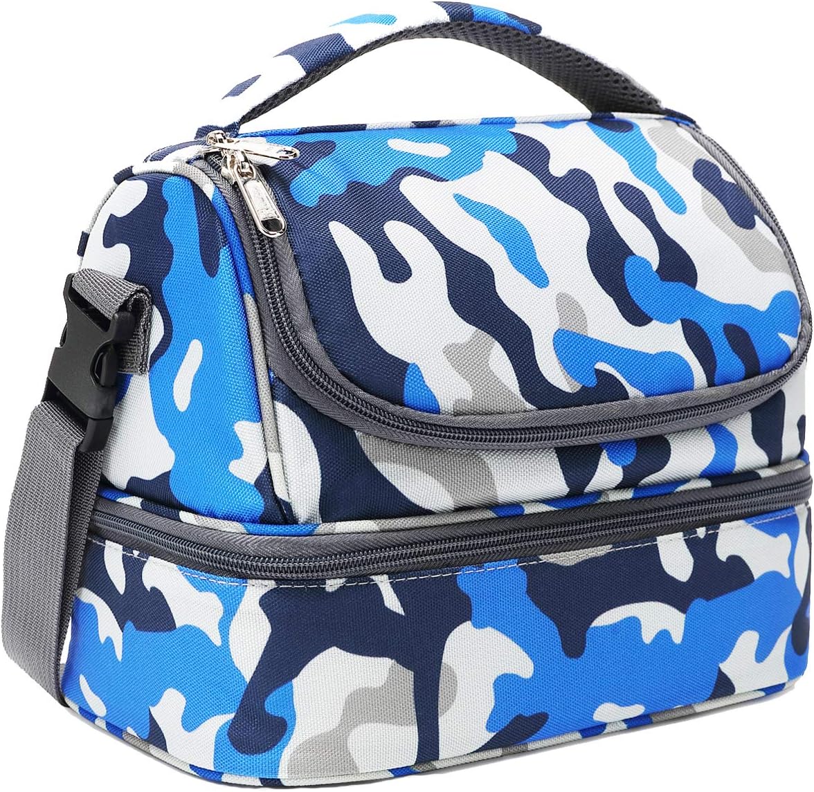 FlowFly Kids Double Decker Cooler Insulated Lunch Bag Large Tote for Boys, Girls, Men, Women, With Adjustable Strap, Blue Camo