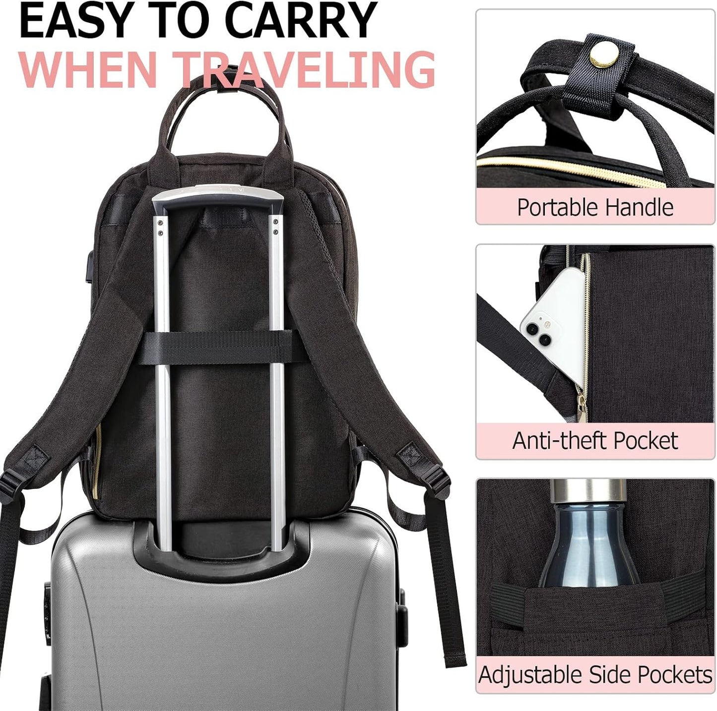Travel Laptop Backpack for Women, School Backpack for Teens, 15.6 Inch Work Laptop Bag with USB Port Charging, Water Resistant College School Bookbags for Girls, Black