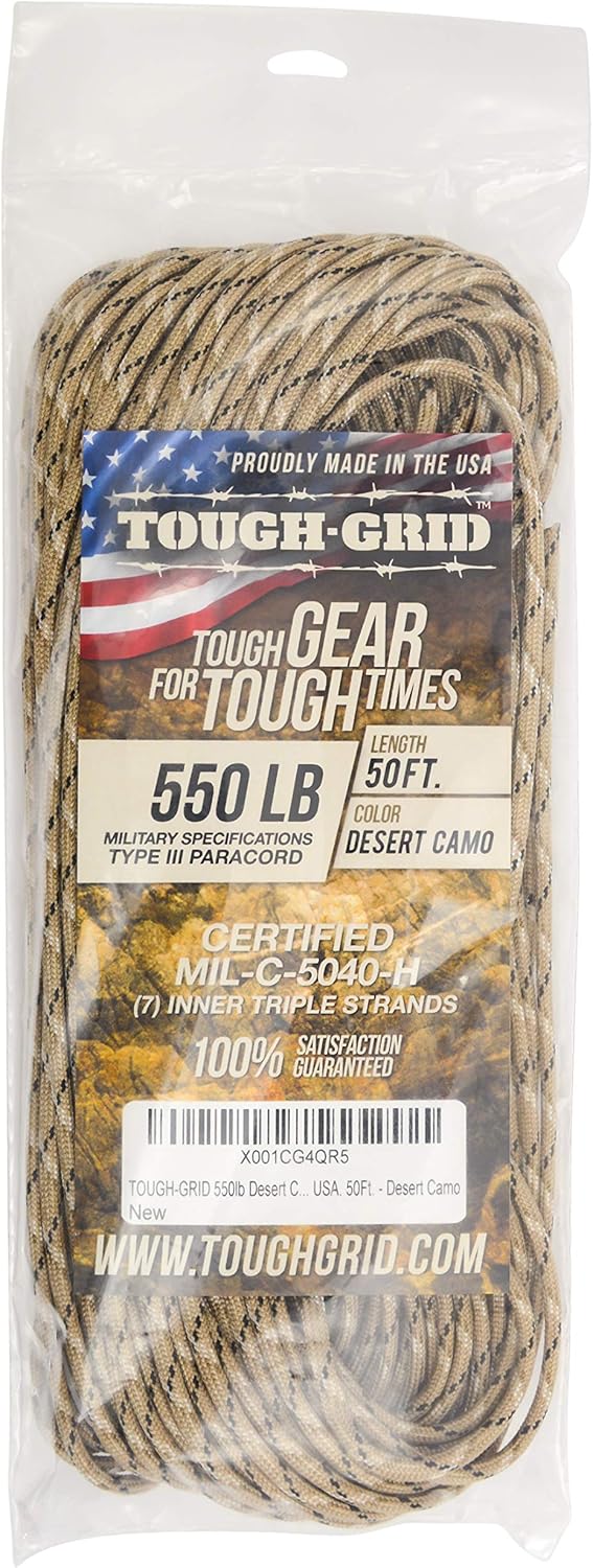 TOUGH-GRID 550 Paracord Rope Nylon Parachute Cord, Made in USA Survival Kit, Outdoor Adventures, Camping, Tactical Gear & Emergency Supplies, Military Type III Mil-Spec
