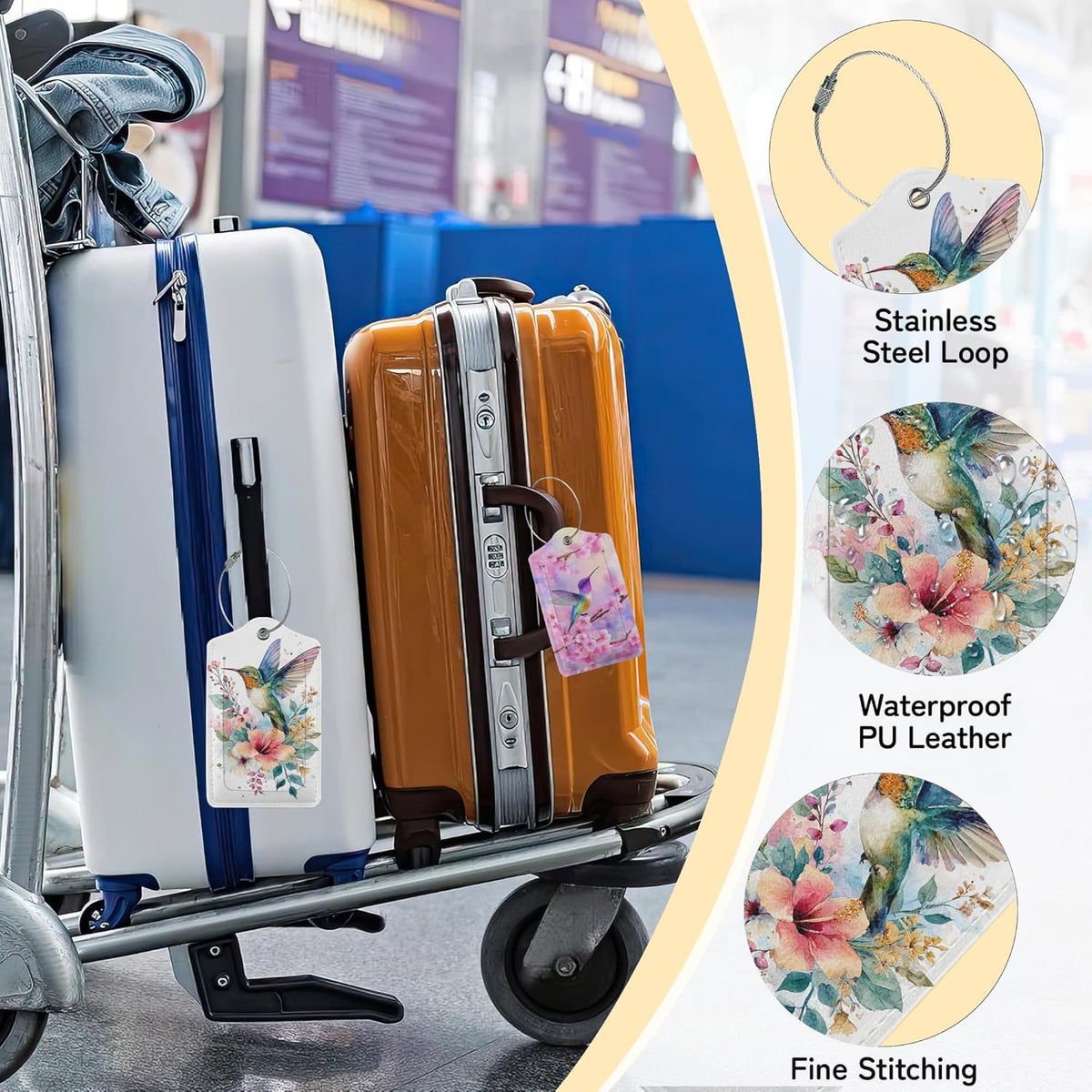 Hummingbird Flowers 3 Pack Luggage Tags for Suitcases, Cute Leather Name Tag with Privacy Cover with Stainless Steel Loops, Travel ID Bag Tags for Women Men