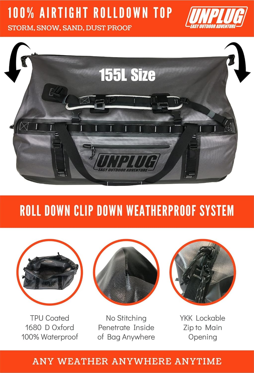 UNPLUG Waterproof Bags for Travel -1680D Heavy Duty Waterproof Duffel Bag for Camping, Motorcycle Dry Bag, Hunting Bag, Bug Out Bag, Waterproof Bags for Boating. Tactical Duffle Bag (155L Storm Grey)