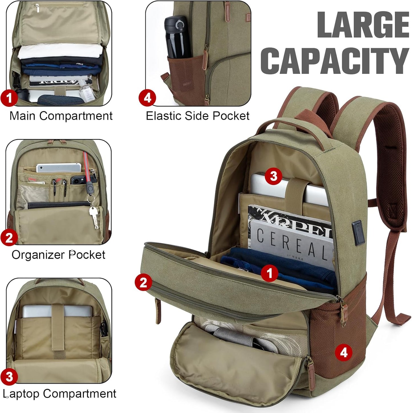 Tzowla Canvas Laptop College Backpack for Men and Women,Travel Work Vintage Rucksack with USB/Type-C Charging Port,Lightweight Hiking Casual Daypack Backpacks fit 15.6 inch Notebook,Green