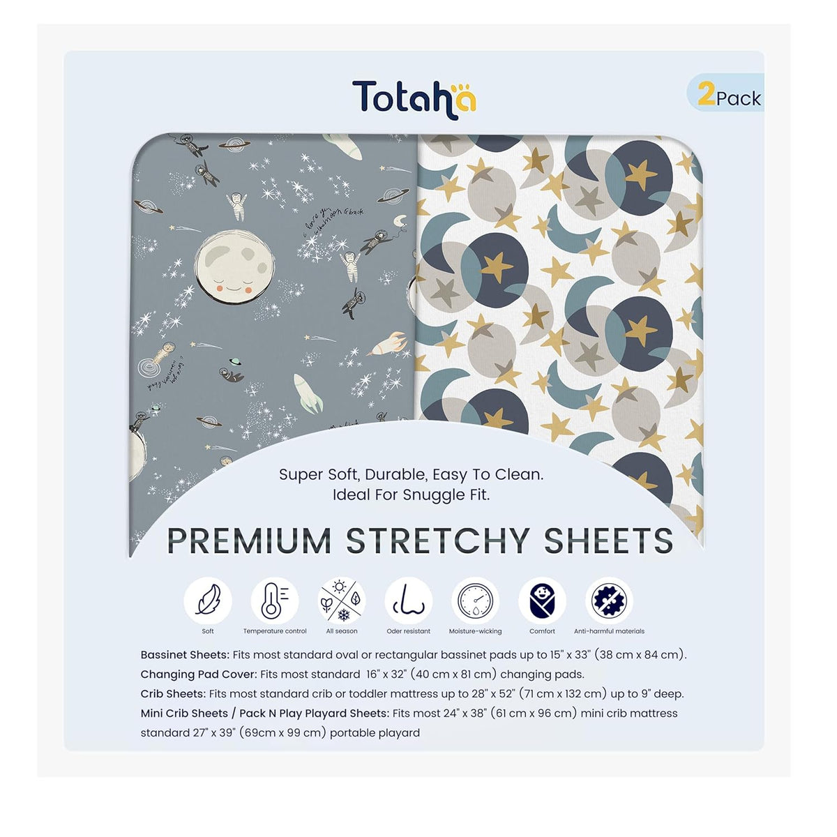TotAha Space Crib Fitted Sheet, Super Stretchy Jersey Star Crib Sheets, Buttery Soft Boy Crib Mattress Sheets, Ultra Breathable Baby Bed Sheets 28x52x9 Extra Deep Pocket, 2 Pack