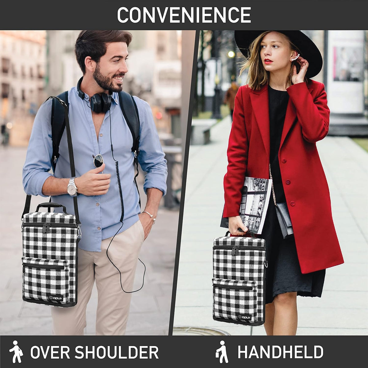 Opux 2 Bottle Wine Tote Carrier, Insulated Cooler Bag for Travel Picnic, Leakproof Padded Case, Wine Gifts for Women & Men, Plaid Buffalo White