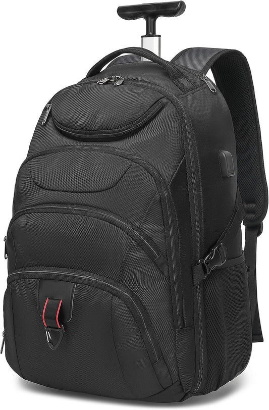 Boavan Rolling Backpack,17 inch Water Resistant Wheeled Backpack,Carry on Luggage Business Bag, Overnight College Computer Trolley Suitcase for Men Women Adults to Travel，Black