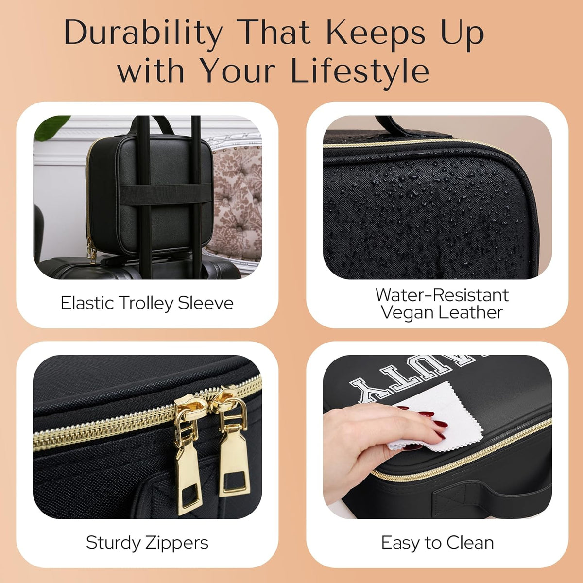 Makeup Bag with LED Mirror – Travel Cosmetic Organizer with Lighted Mirror, Adjustable Dividers & Brush Holder Storage – Portable PU Leather Makeup Case for Women & Girls - Black