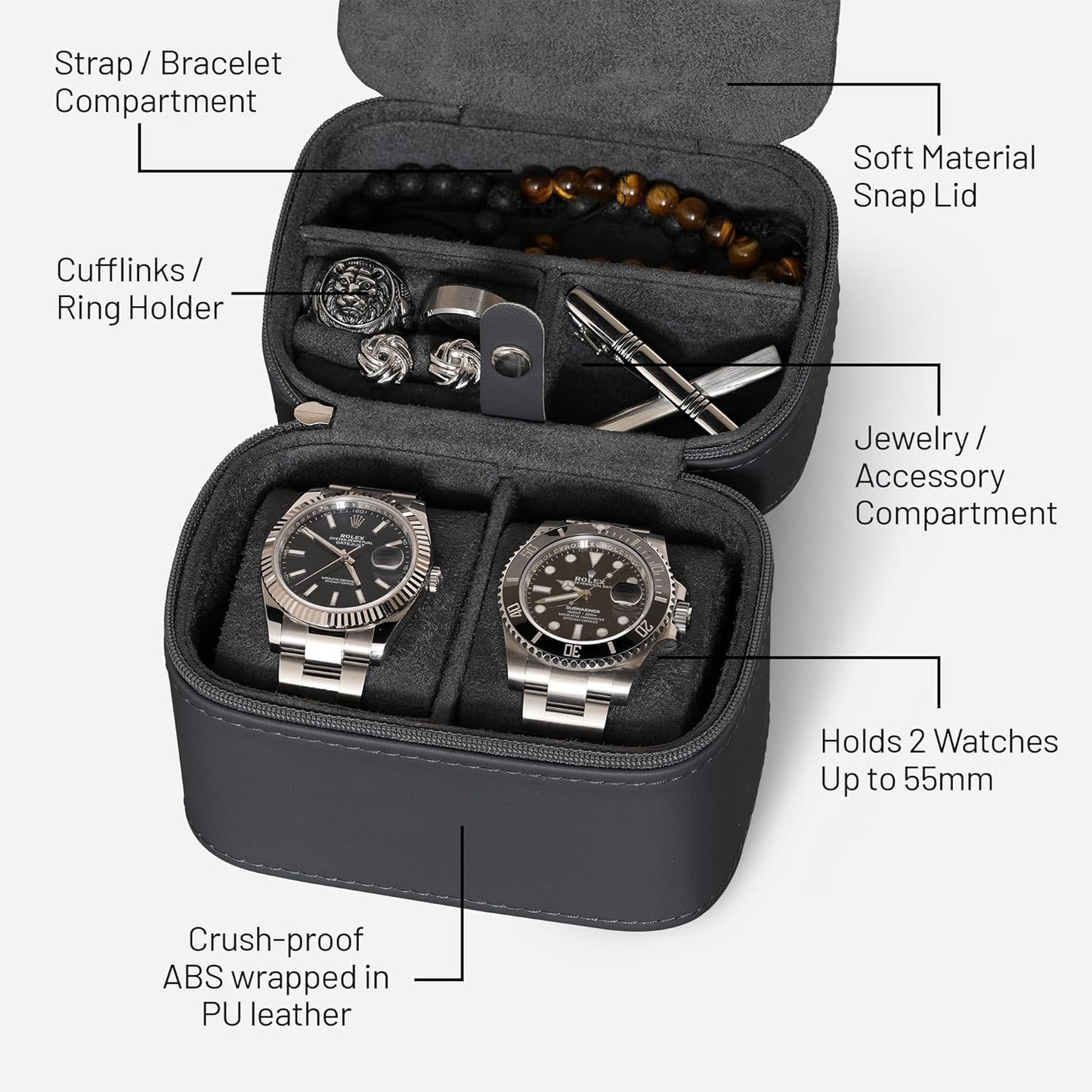 ROTHWELL 2 Watch Travel Case Storage Organizer for 2 Watches | Watch Case for Men and Women | Tough Portable Protection w/Zipper Fits All Wristwatches & Smart Watches Up to 50mm (Carbon)