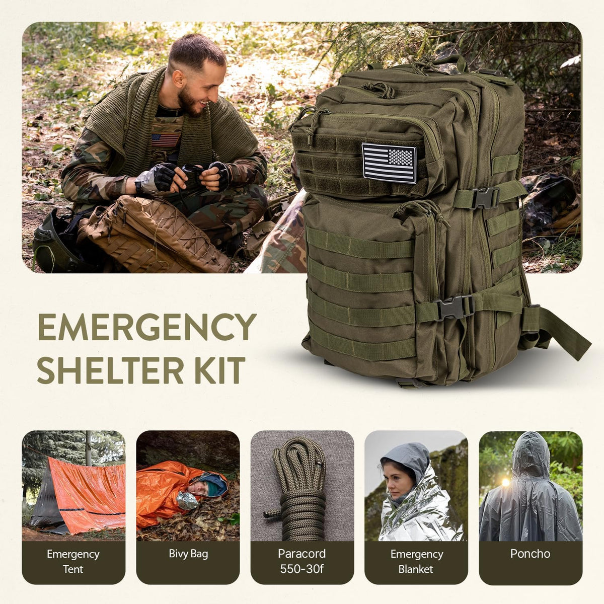 72-Hour Survival Kit | Emergency Bug Out Bag with First Aid, Water Filter, Food, Tools | 45L Tactical Backpack for Camping, Hiking, Outdoor Emergency Preparedness