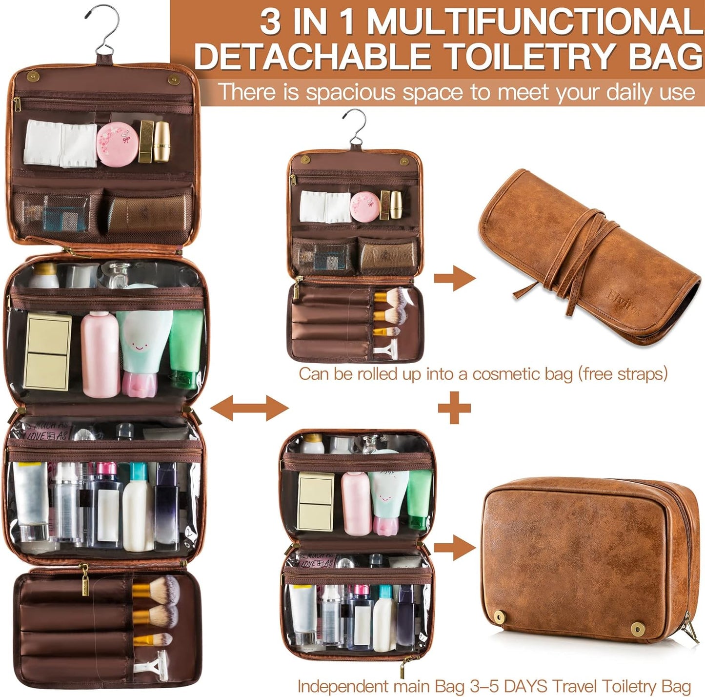 Elviros Hanging Toiletry Bag for Men Travel Essentials 3-in-1 Large Waterproof Dopp Kit PU Leather Shaving Bag with Separate Compartments for Grooming and Toiletries Mens Gift