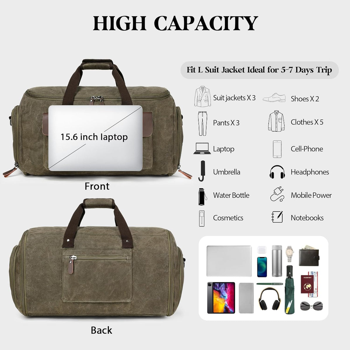 Waxed Canvas Garment Bags for Travel, Convertible Carry On Garment Duffel Bag for Men Women, 2 in 1 Suit Bag Hanging Suitcase Business Travel Bag with Shoe Compartment (Vintage Grey, XL)