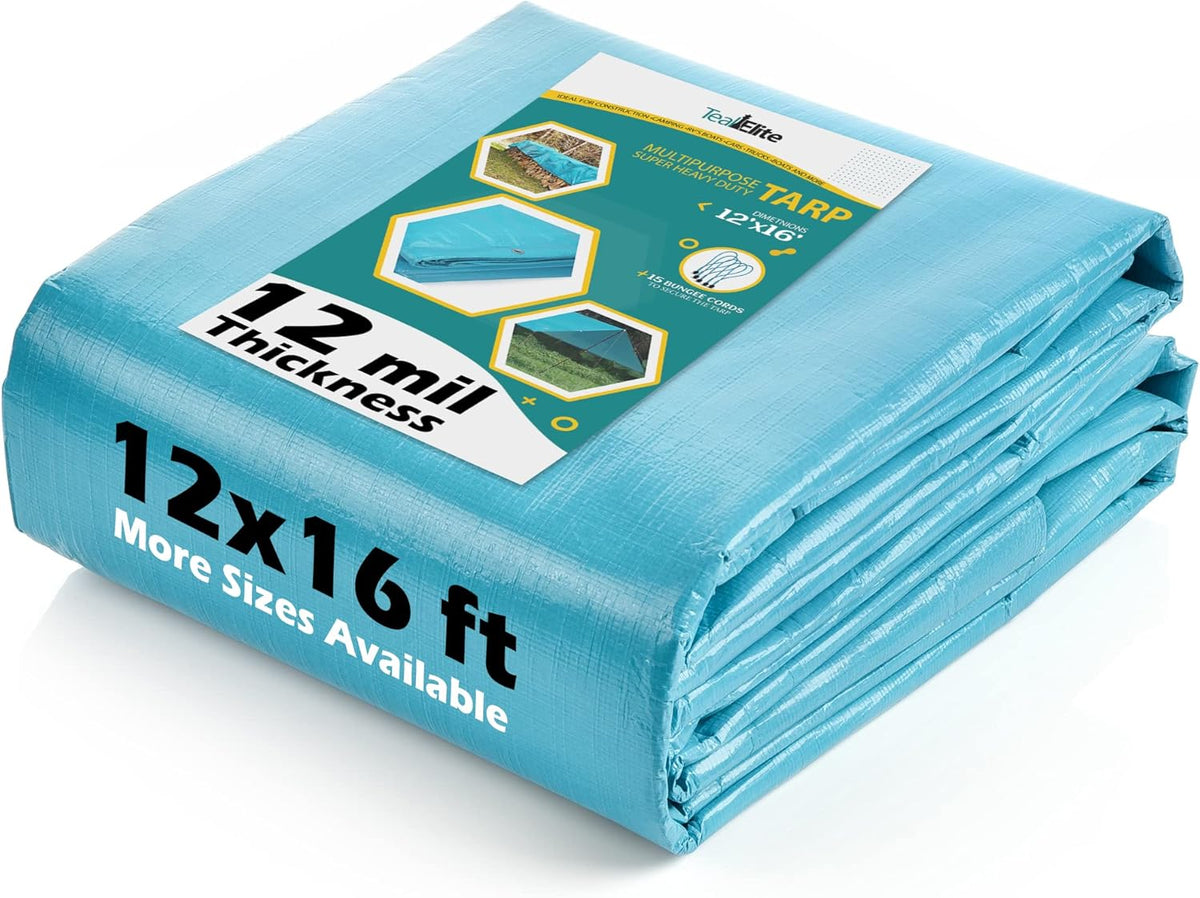 Tarps Heavy Duty Waterproof 12x16-12 mil Thick Camping Tent - Blue Tarp 12x16 UV Resistant, Rip & Tear Proof with Metal Grommets – Multipurpose Use for Camping, Tent, Boat, RV, Car, & Pool Cover