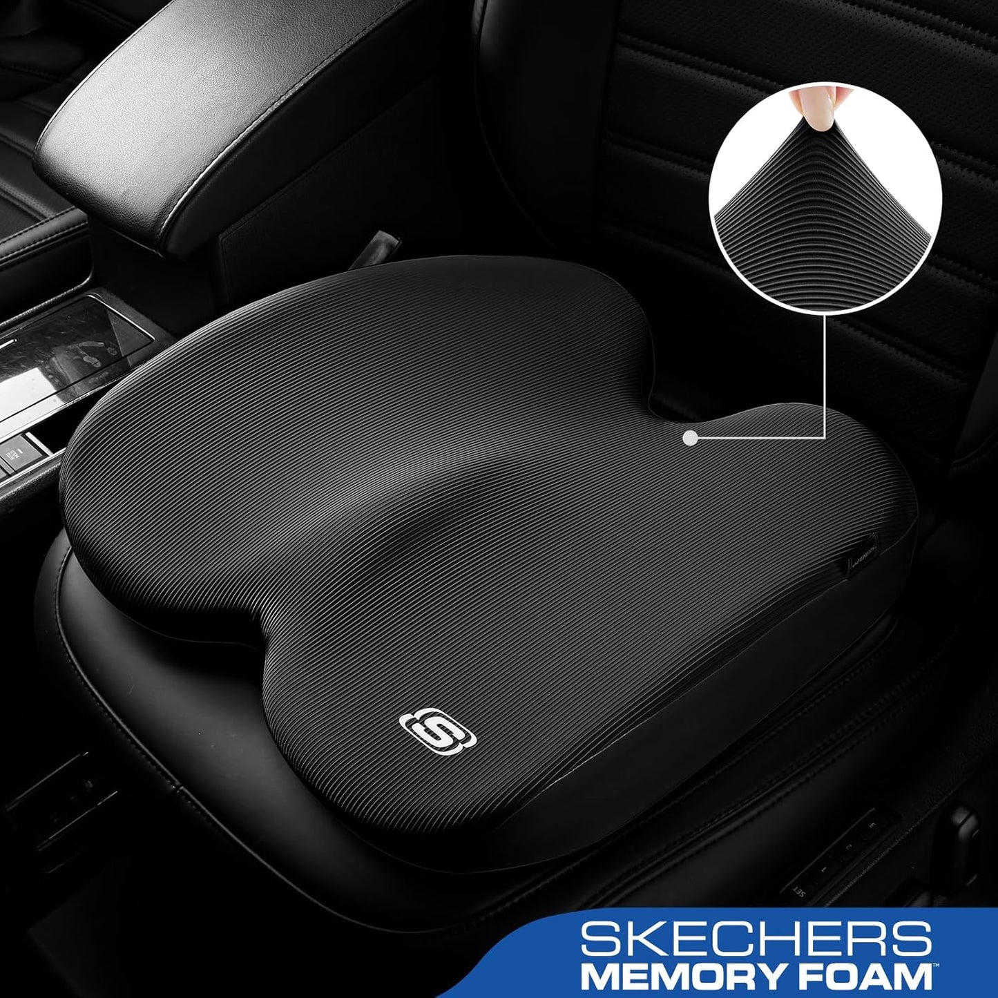 Skechers Memory Foam Seat Cushion,Ribbed Fabric Office Chair Cushion for Tailbone Pain Relief,Butt Pillow for Office Chair,Car Seat Cushion,Long Sitting Office Workers,and Car Drivers,Black