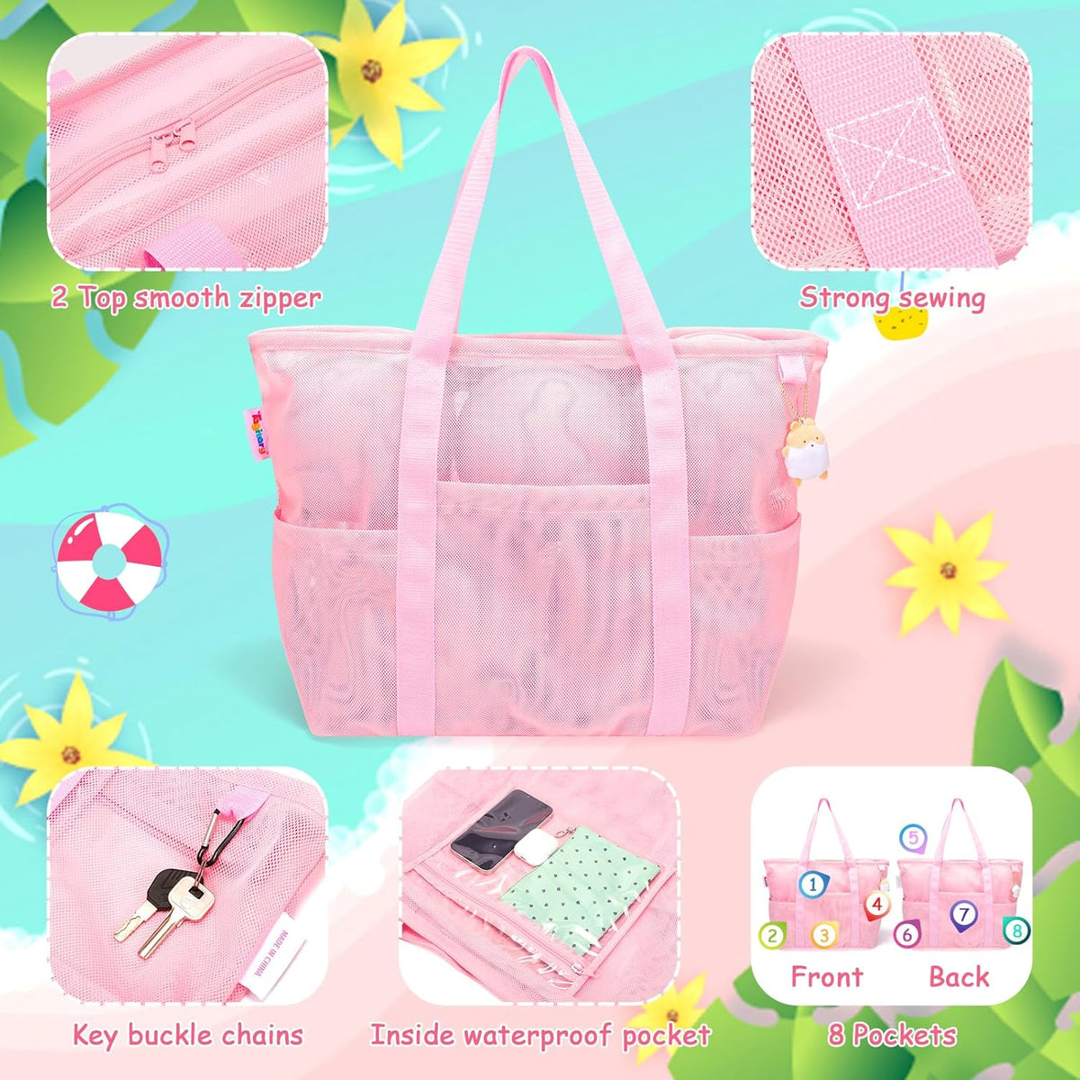 Tagitary Mesh Beach Bag with Zipper Large Beach Tote Waterproof Sandproof with 8 Pockets for Toys Pool Bag Beach Accessories