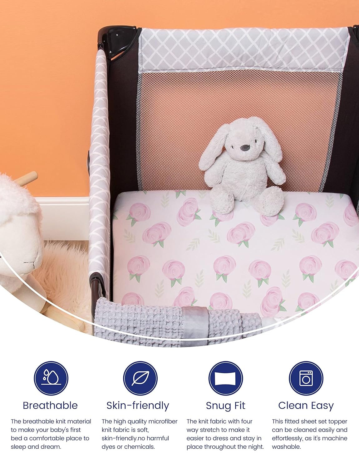 TotAha Premium Stretchy Pack N Play Playard Sheets | Mini Crib Sheets (2-Pack) -Hypoallergenic, Silky Comfort, Buttery Soft, Calming Effect, All-Season Jersey-Knit (Pink Buds & Green Leaves)