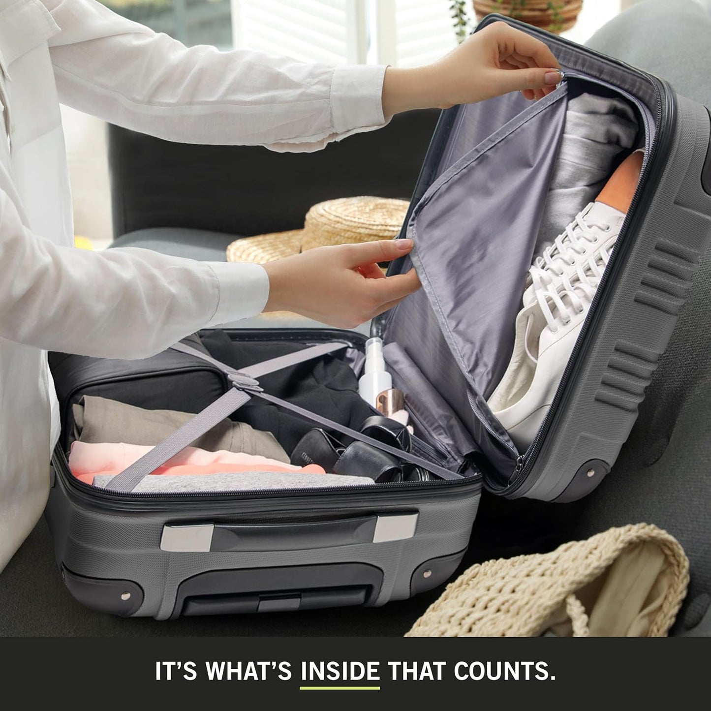 Kenneth Cole REACTION Out of Bounds Lightweight Hardshell 4-Wheel Spinner Luggage, Charcoal, 24-Inch Checked