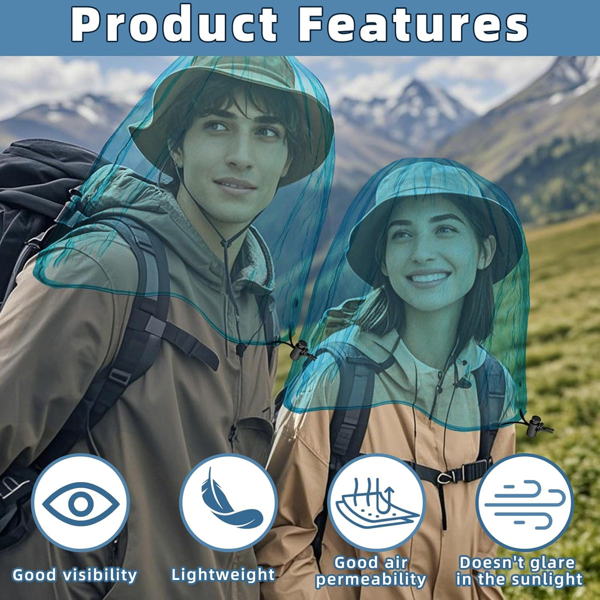 Oversized Mosquito Net 42 x 25 Inches Ultra Large Mosquito Head Net Face Neck Fly Mesh Netting Fits All Hats for Outdoor Camping Hiking Fishing Gardening Safari(Blue)